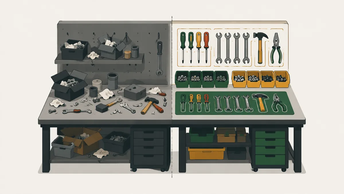 Before and after 5S: cluttered workbench versus workbench with tools in order
