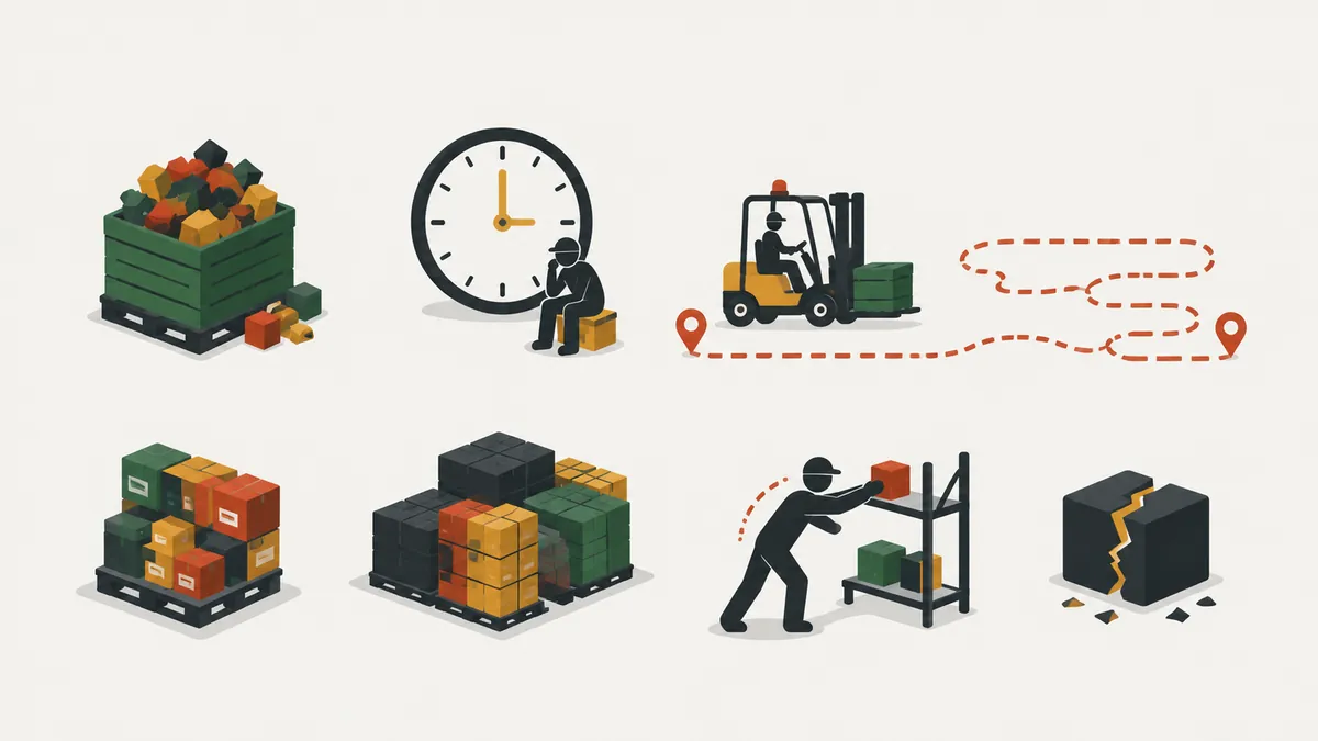 Ícones dos desperdícios do Lean: estoque, espera, transporte, superprodução, movimentação e defeitos