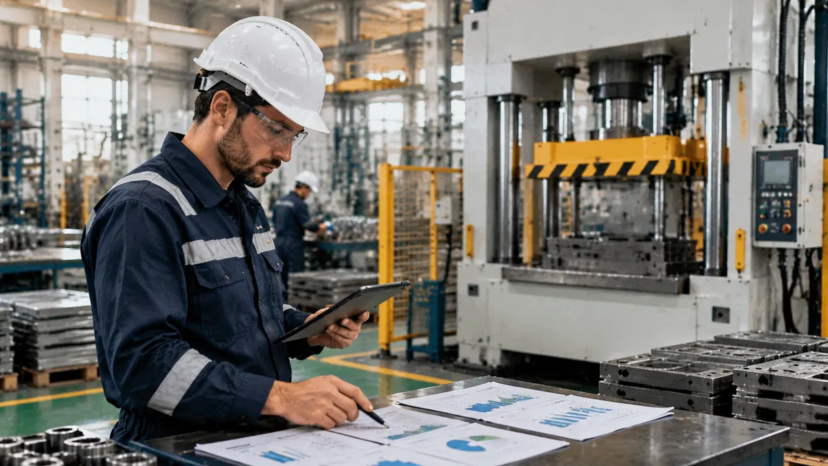 Engenheiro compara três cenários de investimento em uma prensa nova, com a linha de produção ao fundo