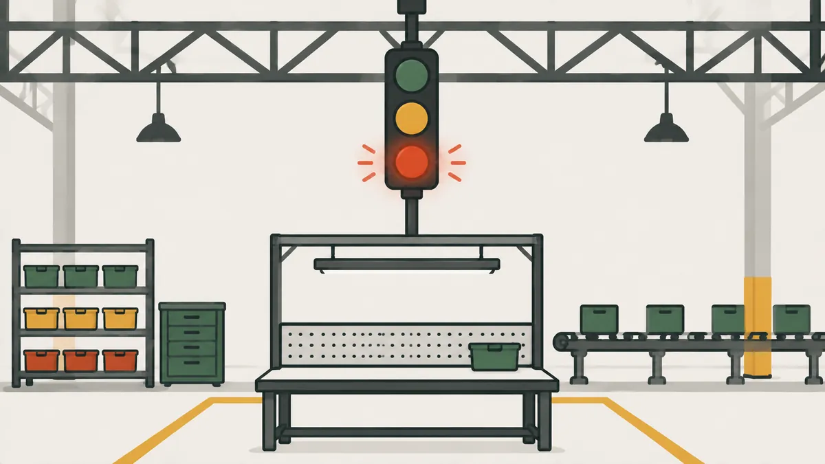 Andon light with the red signal on above a factory workstation