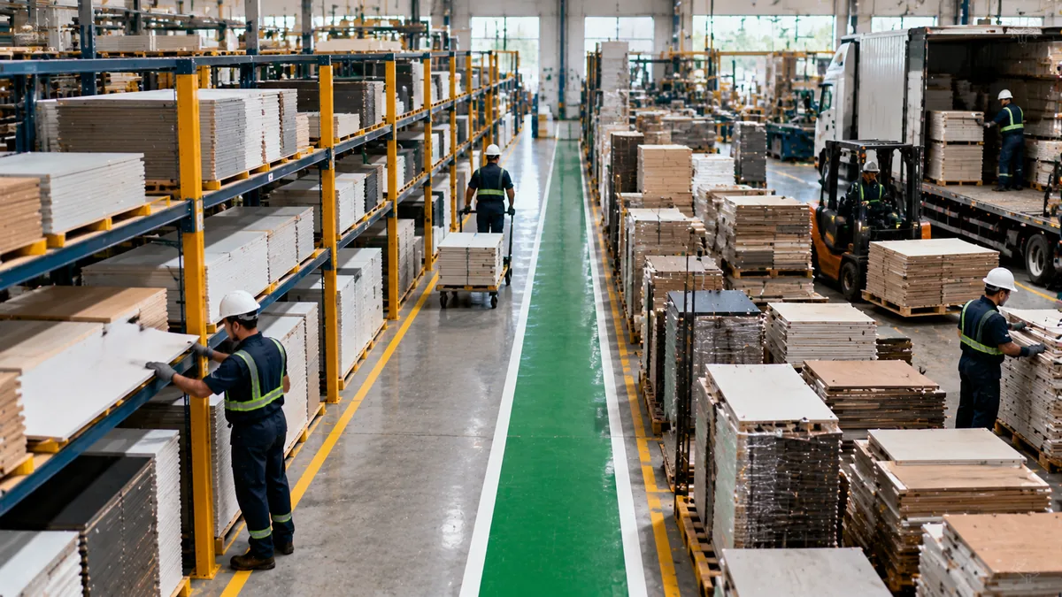 Wood-panel warehouse with one organized aisle and one with uneven stacks: benefits and challenges of kanban