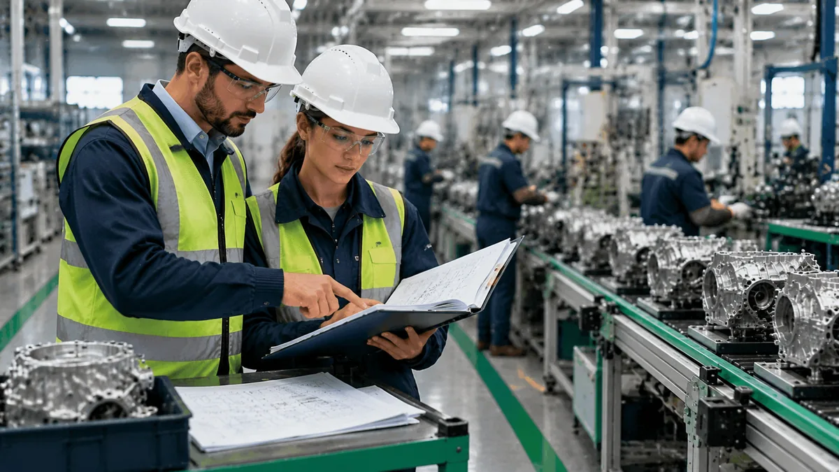 Ein Auditor und eine Qualitätsmanagerin prüfen einen ausgedruckten Produktionslenkungsplan neben einer Montagelinie für Automobilkomponenten.