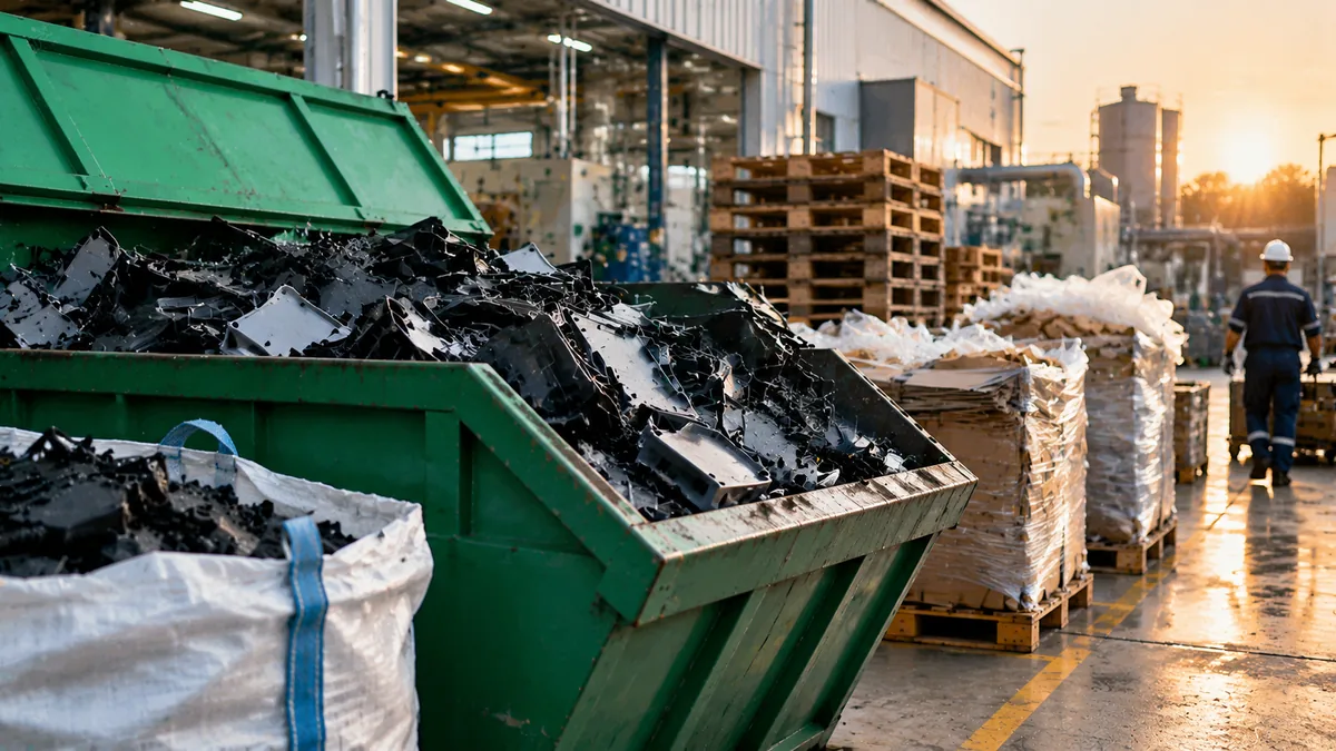 Mulde mit Kunststoffausschuss und entsorgten Verpackungen auf dem Werkshof bei Dämmerung: Lean und Nachhaltigkeit