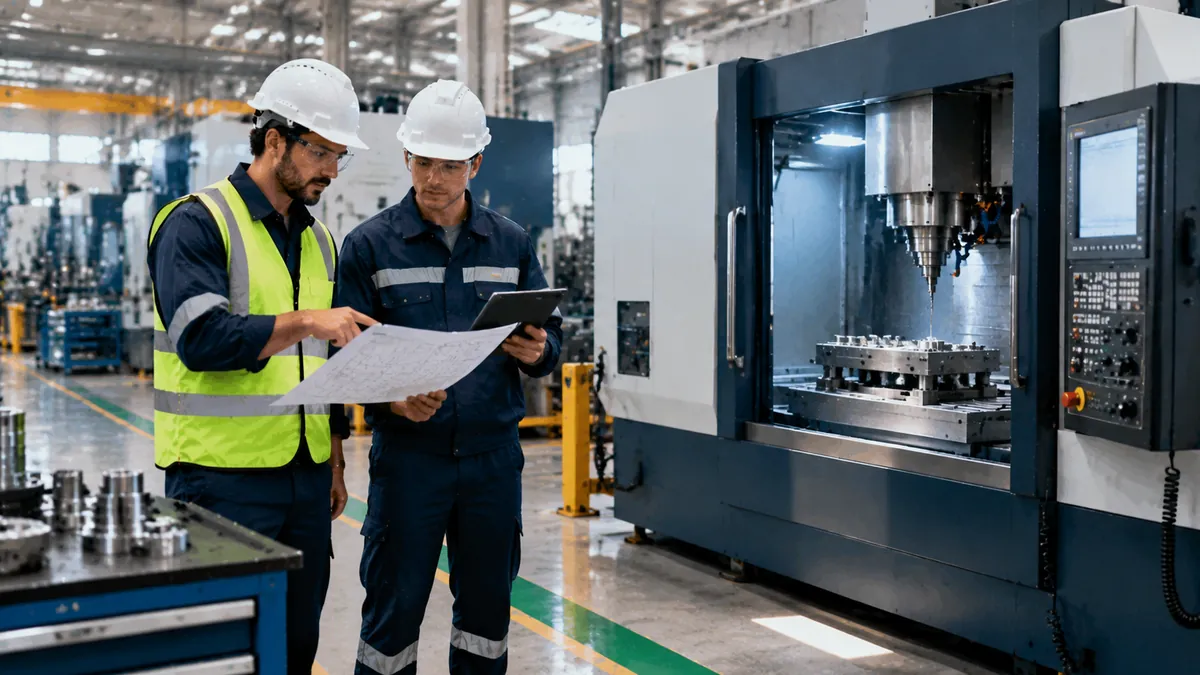 Cover image: a newly installed CNC machine on a factory floor with engineers reviewing an investment project.