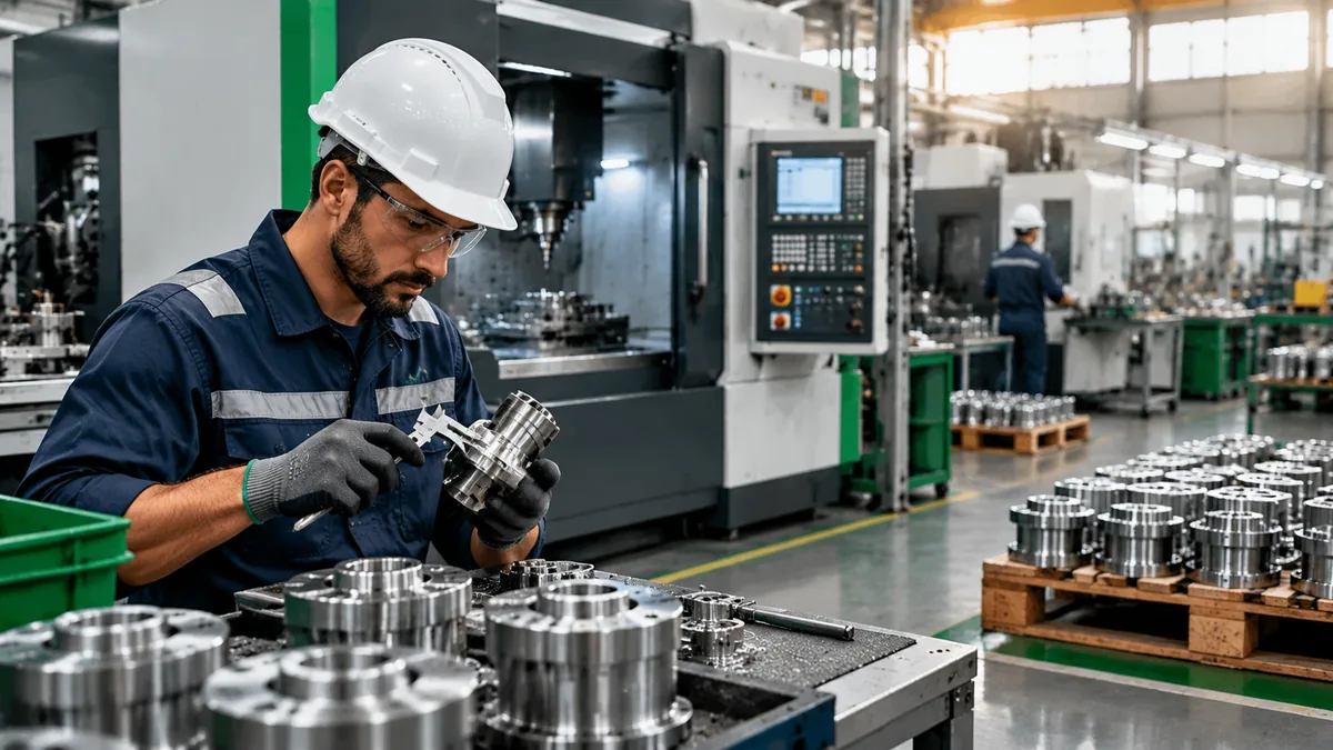 Fertigungshalle mit CNC-Maschine, Paletten fertiger Teile und einem Mitarbeiter bei der Teileprüfung, mit grünen Akzenten.