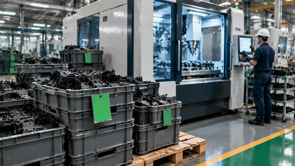 Stacked idle containers next to a modern machine: Industry 4.0 versus lean manufacturing
