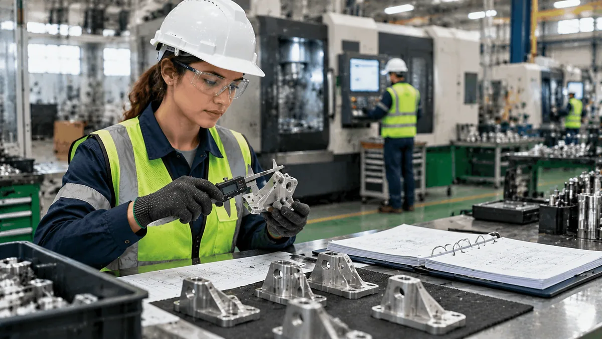 A quality engineer checks a machined part with calipers next to a folder of approval documents on a factory bench.