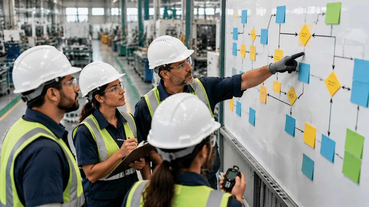 Equipo de planta frente a una pared con un diagrama de flujo de proceso armado con notas adhesivas y flechas
