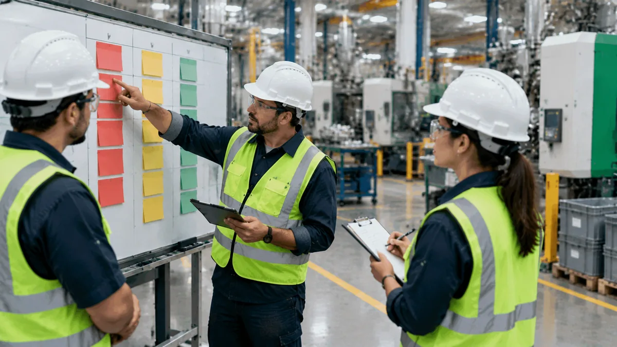 Factory team around a board with sticky notes grouped by affinity.