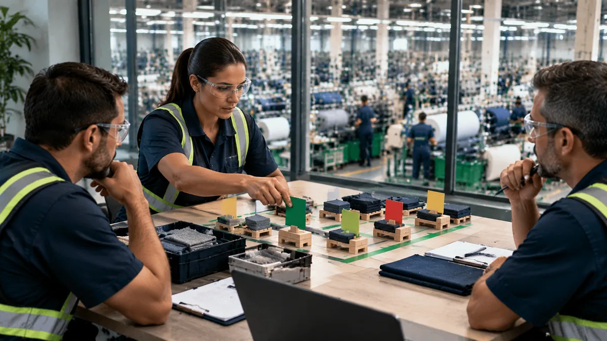 Team around a table with a flow model and colored blocks, textile plant in the background: kanban versus pull production