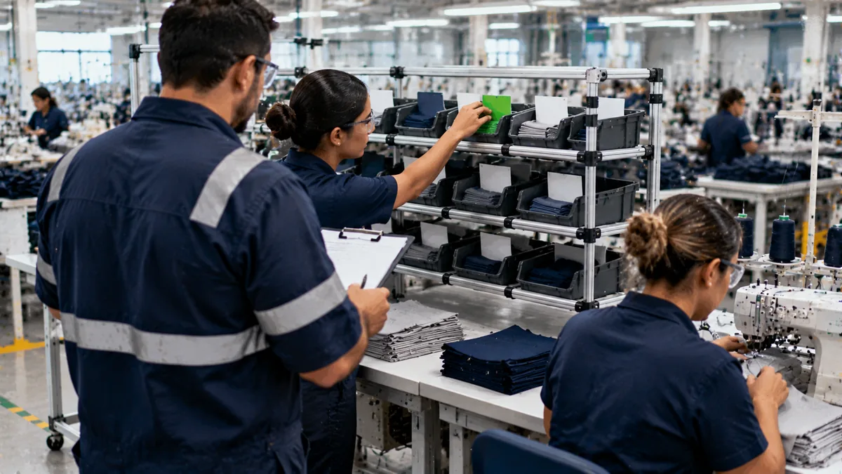 Team setting up a rack with kanban cards at a pilot station in a garment plant: 8-phase implementation roadmap
