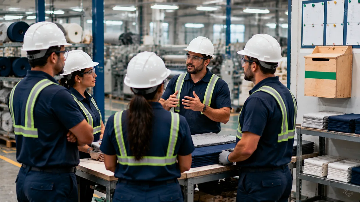 Team gathered in a circle next to a suggestion box in a textile plant: the 5 principles of kaizen