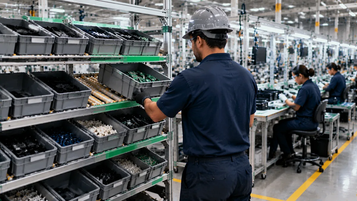 Flow racks with bins next to the electronics assembly line: pull production and replenishment