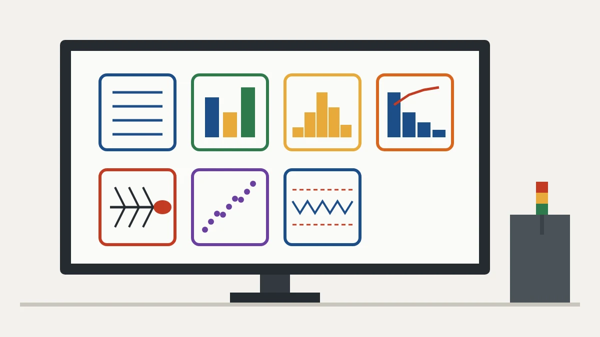 Seven quality tool icons linked in sequence