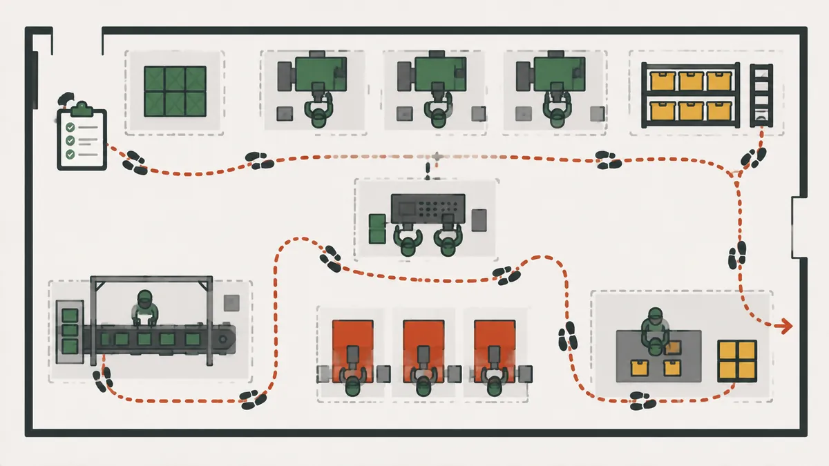 Gemba Walk route across the shop floor, passing through the workstations