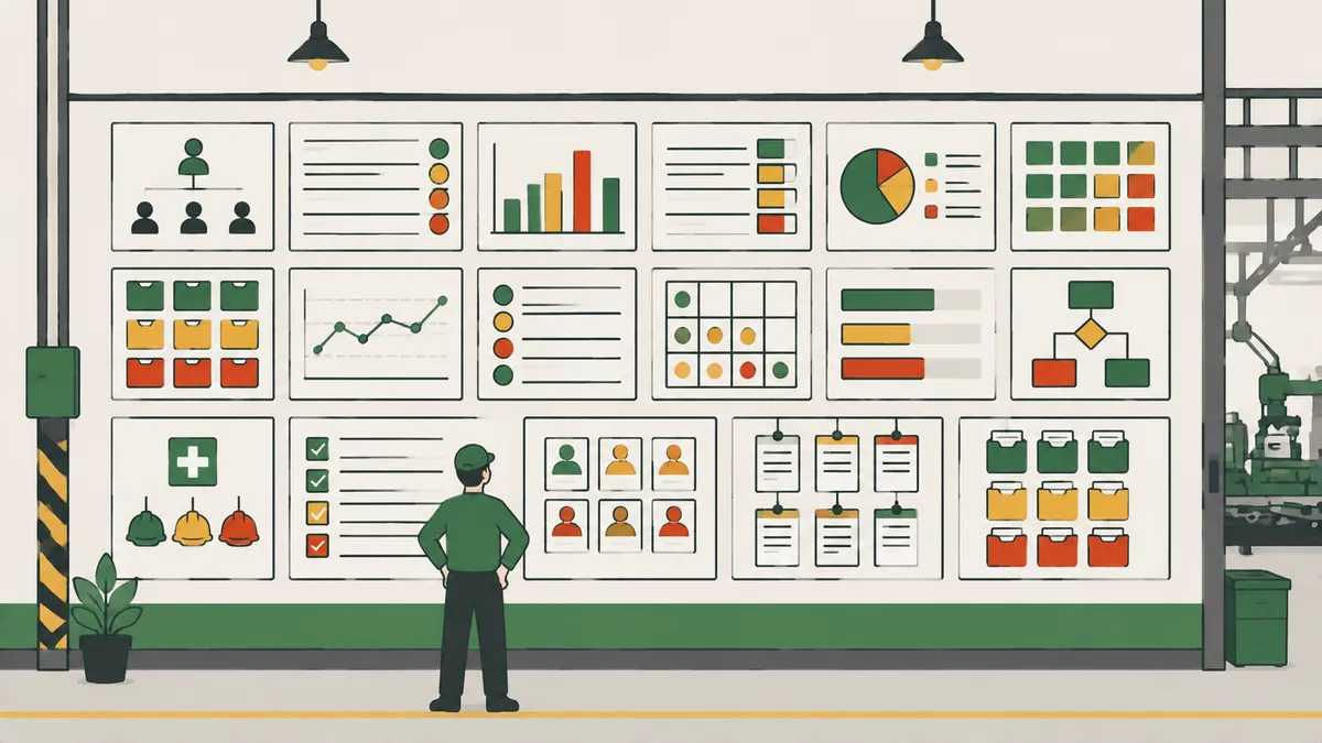 Visual management board on the shop floor with charts, indicators and color-coded status