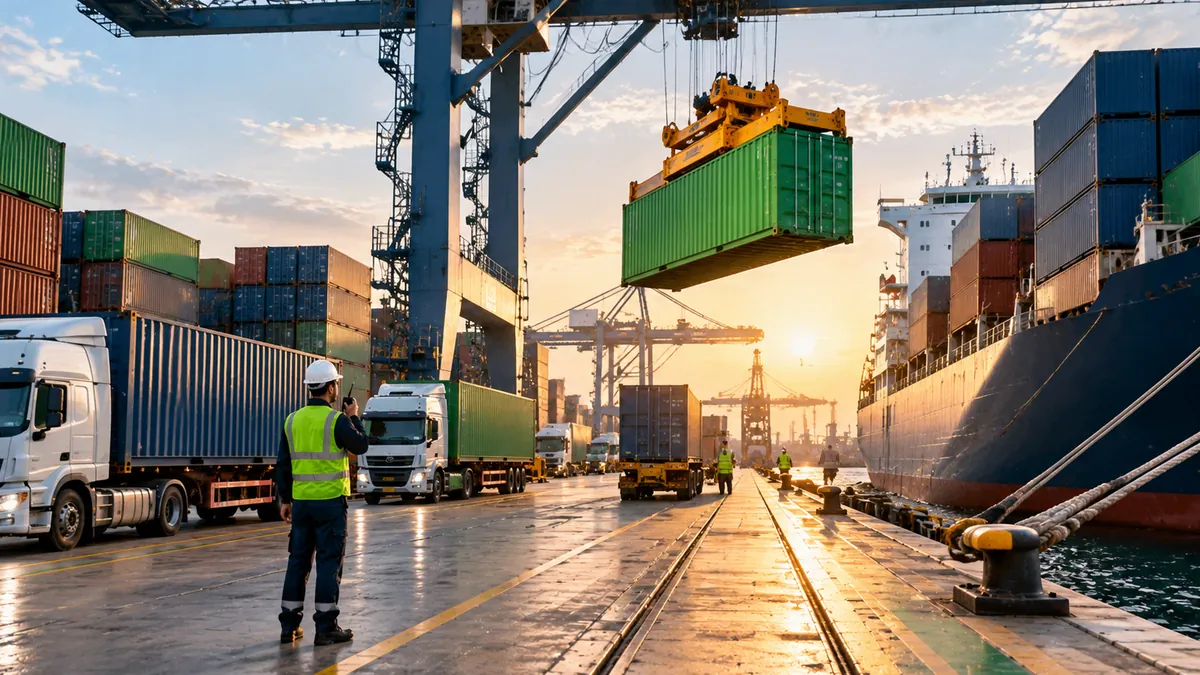 Container wird von einem Portalkran auf ein Schiff im Hafen gehoben, Lkw warten auf dem Hof