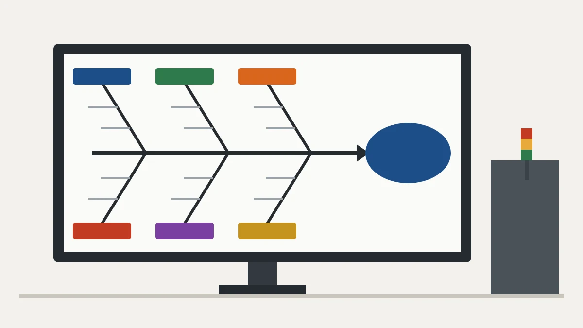 Fishbone diagram with six cause categories and the effect at the head