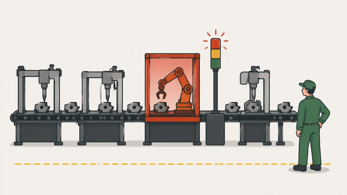 Production line stopping automatically when a defect is detected, illustrating Jidoka