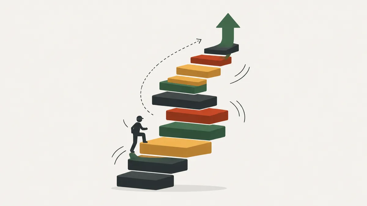 Person climbing steps that keep rising, representing Kaizen