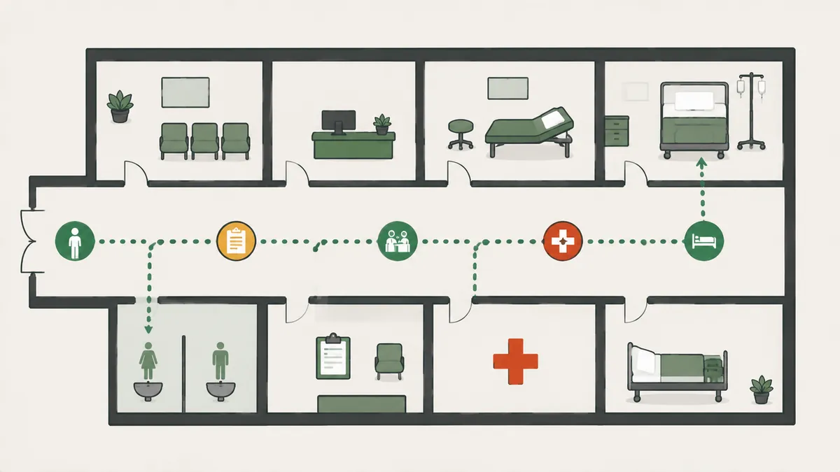 Patient flow through a healthcare facility illustrating Lean Healthcare