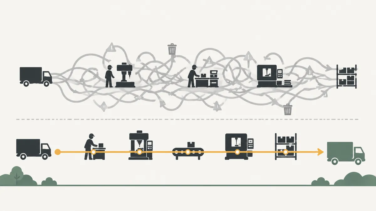 Fluxo de produção confuso transformado em fluxo direto e enxuto, ilustrando o Lean Manufacturing