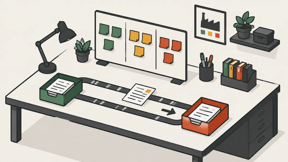 Office desk with document flow and kanban board illustrating Lean Office
