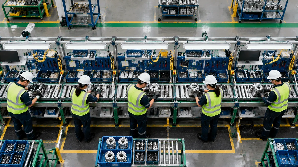 Assembly line with roller conveyor, marked aisle and five operators in continuous flow: the 5 principles of Lean