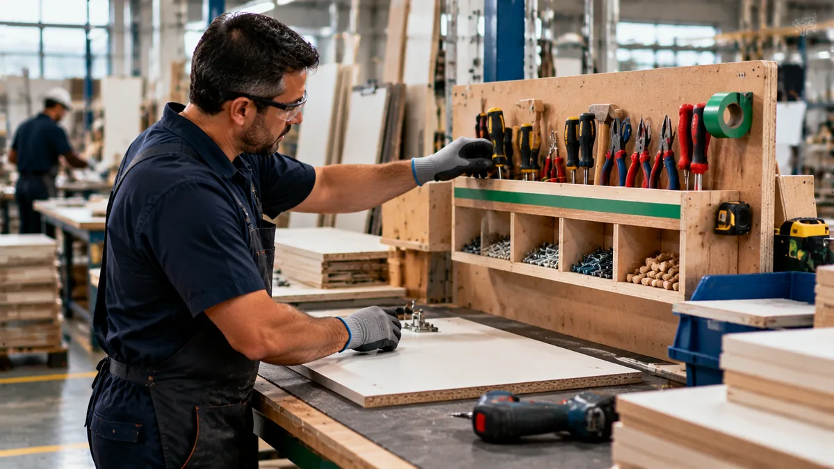 Operator adjusting a workbench with an improvised tool shelf in an industrial woodworking shop: kaizen in practice