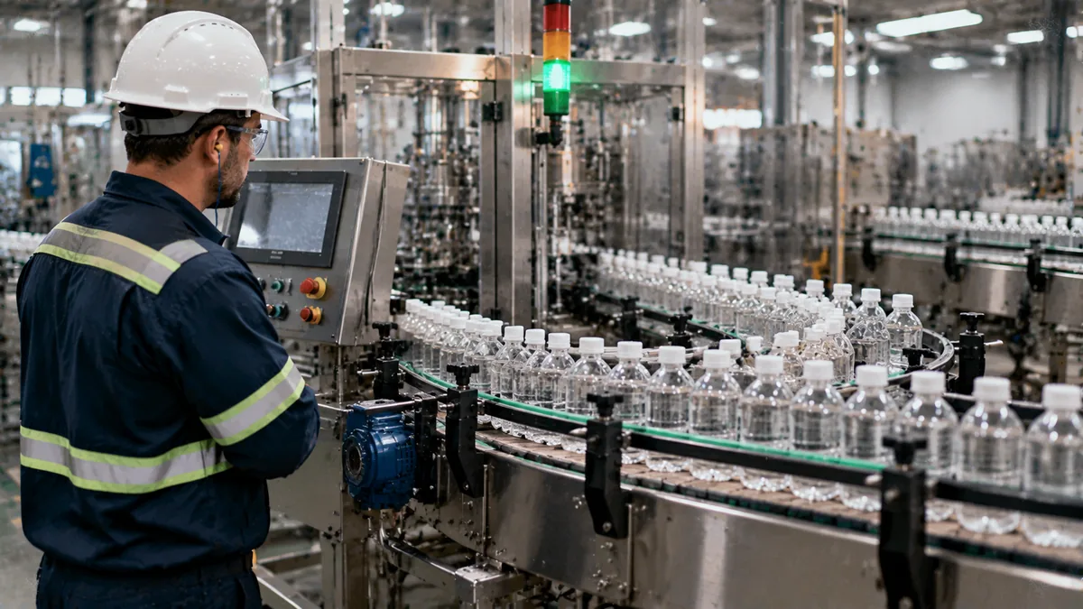 Operator watching plastic bottles pile up on an automatic filling line: improving OEE