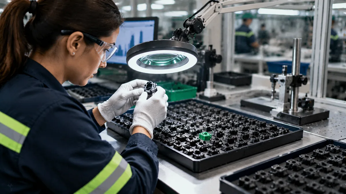 Operator examining a circuit board under a lighted magnifier on an inspection tray: sigma level and DPMO