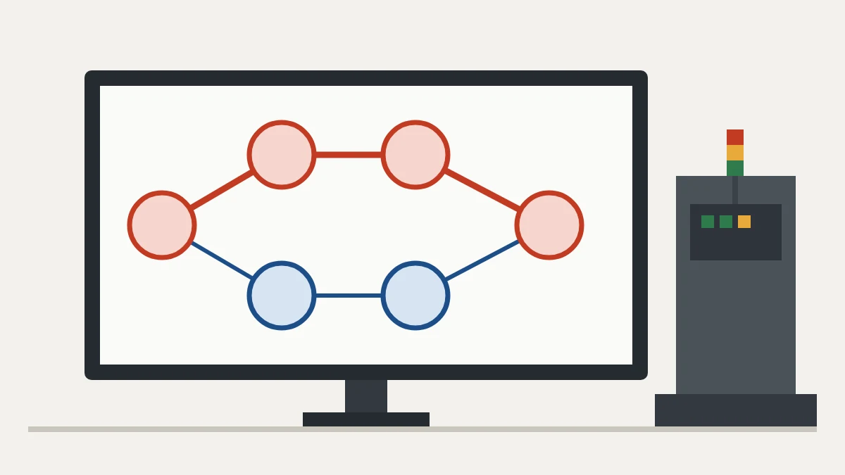 Project activity network with the critical path highlighted in red