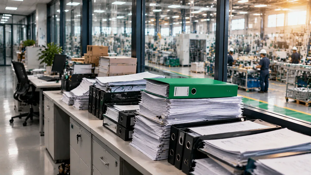 Stacks of idle binders in an office with the factory in the background: eliminating waste in practice
