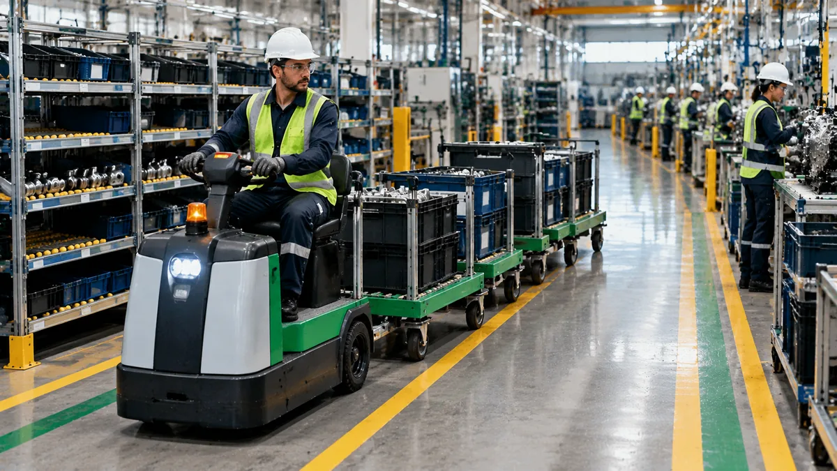 Elektrischer Routenzug mit Behälterwagen zwischen dem Teilesupermarkt und der Montagelinie