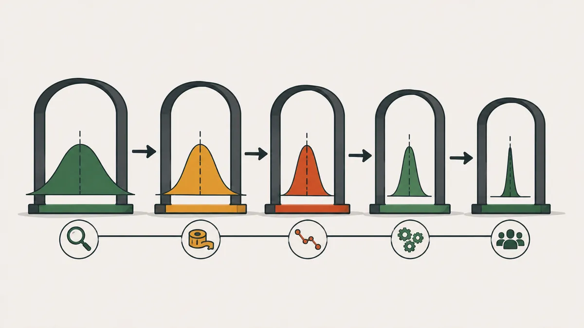 Distribution curves narrowing across the DMAIC stages of Six Sigma