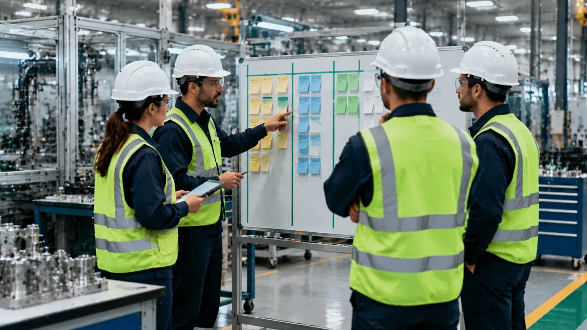Daily management board with five columns beside a production cell, with the team gathered around it
