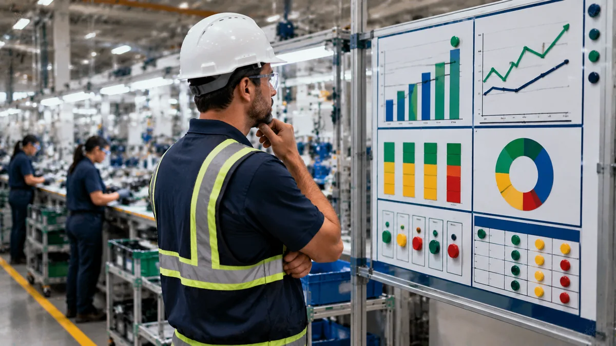Supervisor in front of a visual management board with charts and indicators on the line: lean production indicators