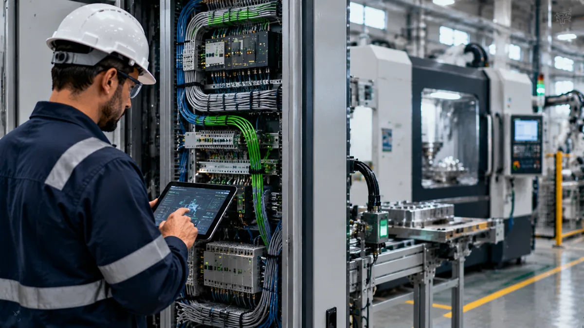 Technician checking an automation cabinet with organized cables and a CNC machine behind: traits of Industry 4.0