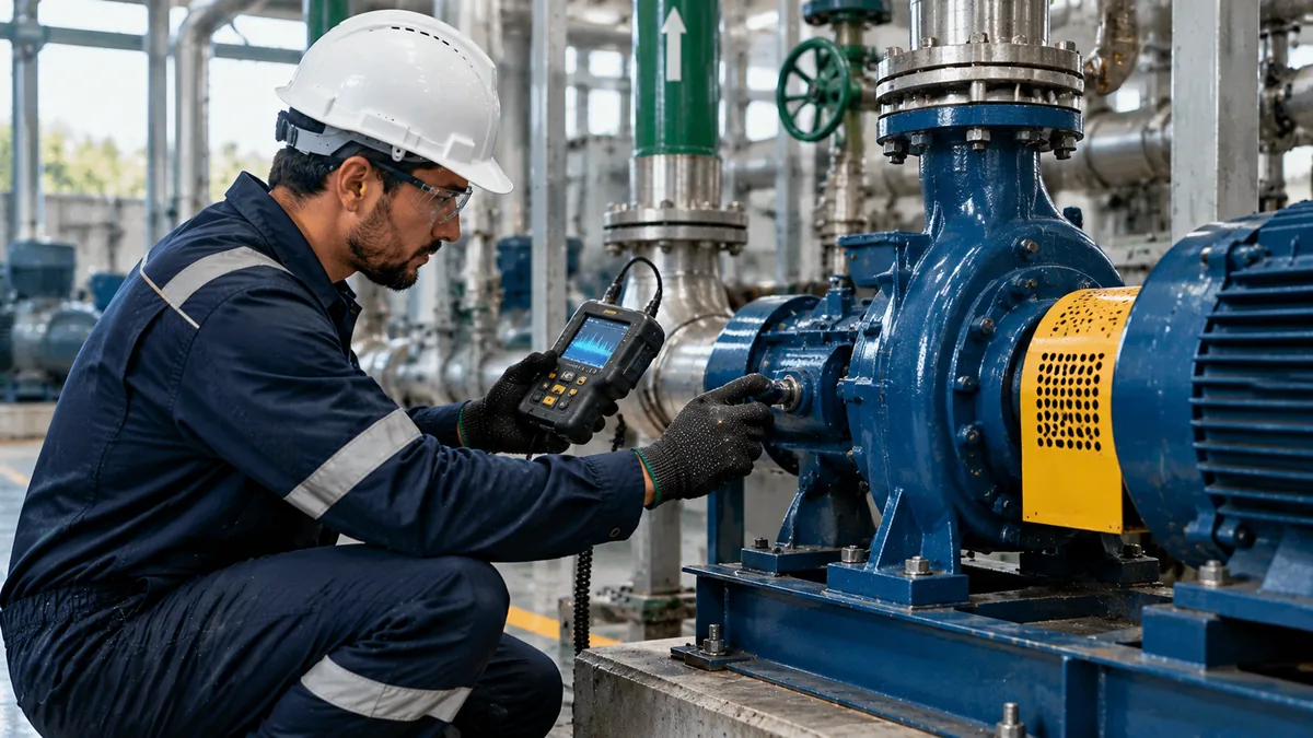 Maintenance technician checking vibration on an industrial centrifugal pump with a handheld data collector