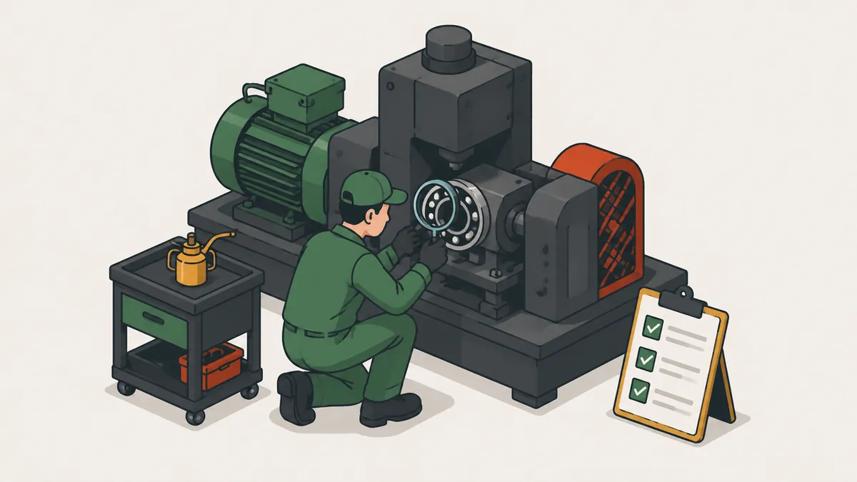 Operator inspecting and lubricating a machine with a checklist, illustrating TPM