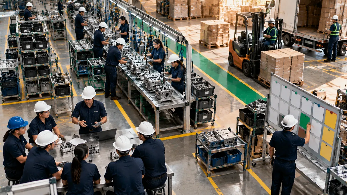 Vista superior de una fábrica con un grupo en capacitación, línea de montaje y tablero de problemas: las 4P del Modelo Toyota
