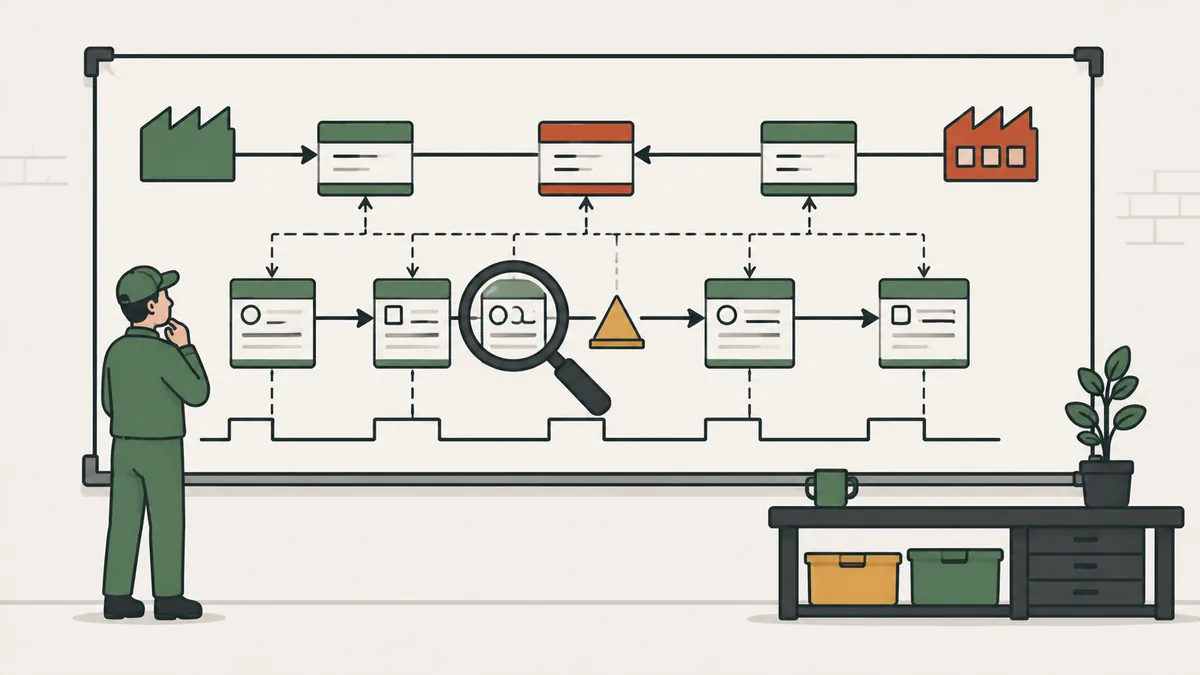 Value stream map (VSM) drawn on a board, from supplier to customer