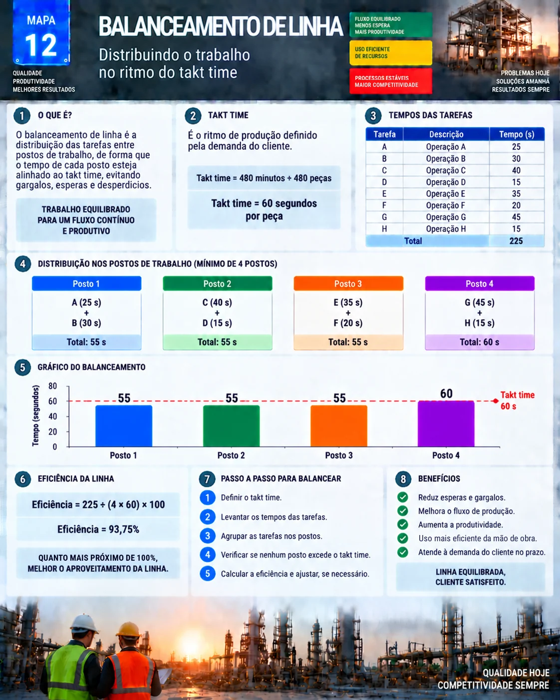 Mapa visual do balanceamento de linha: takt time, tempos das tarefas, distribuição em 4 postos, gráfico e eficiência de 93,75%