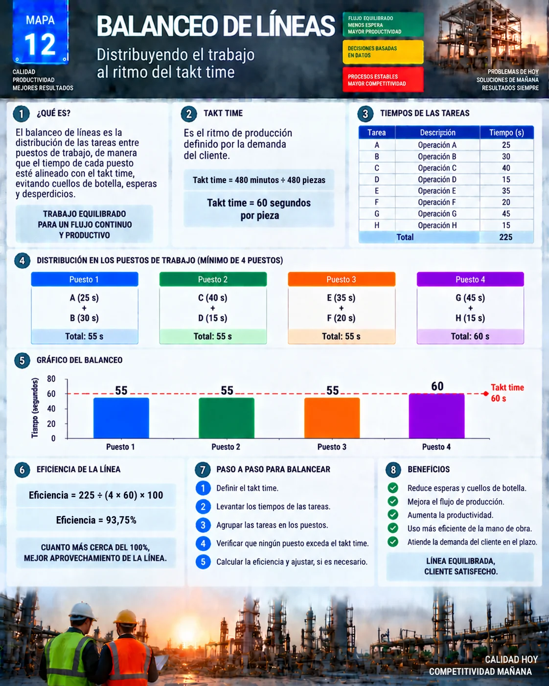 Mapa visual del balanceo de líneas: takt time, tiempos de las tareas, distribución en 4 estaciones, gráfico y eficiencia del 93,75%