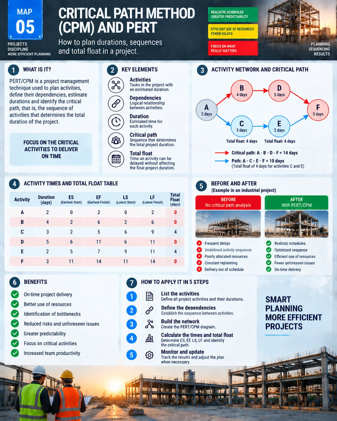 CPM and PERT visual map: activity network, 14-day critical path, and table of early and late times and total float