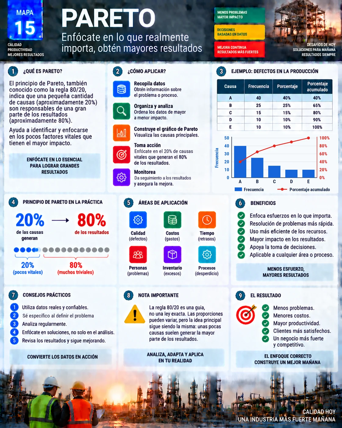 Mapa visual del diagrama de Pareto: qué es, cómo aplicarlo, tabla y gráfico de defectos, principio 80/20 y áreas de aplicación