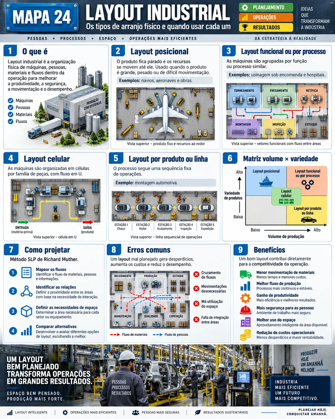 Mapa visual do layout industrial: posicional, funcional, celular e por produto, matriz volume e variedade, método SLP e erros comuns
