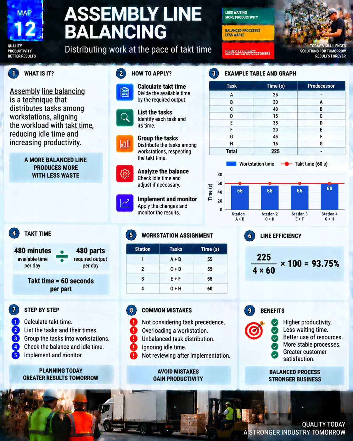 Line balancing visual map: takt time, task times, 4-station assignment, balance chart and 93.75% efficiency