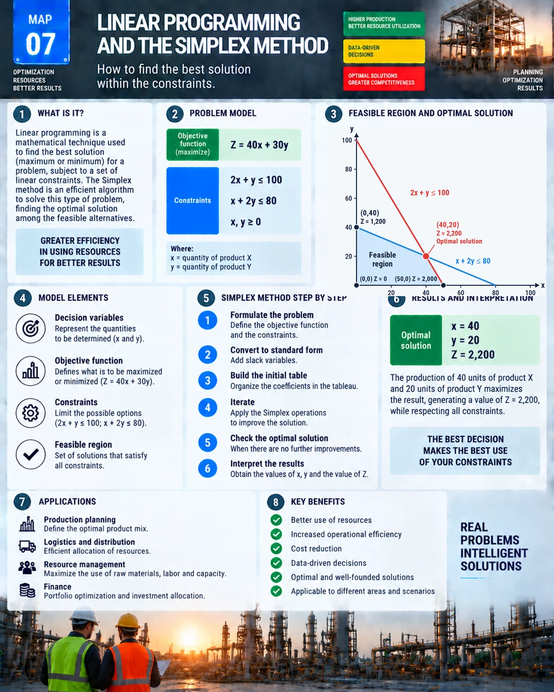 Linear programming visual map: model, constraints, feasible region, corner points and optimal solution Z = 2,200