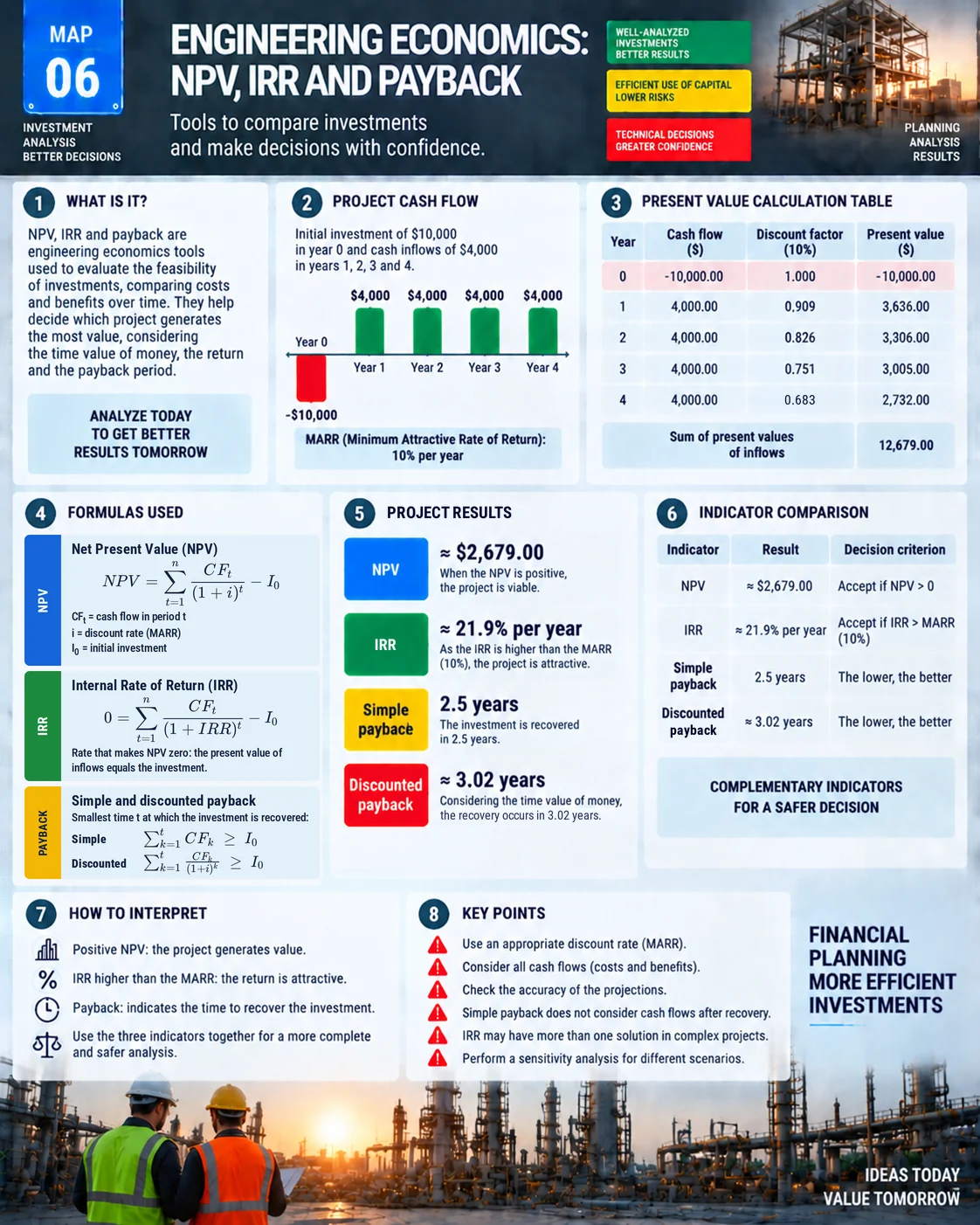 NPV, IRR and payback visual map: cash flow, present value table, formulas and comparison of the indicators
